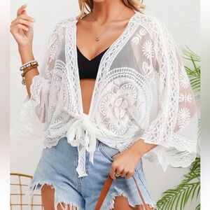 Rachel Zoe NWT Sheer Embroidered Lace Long Sleeve Tie Front Cream Cotton Blend